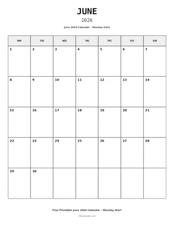 June 2026 Monday Start Calendars