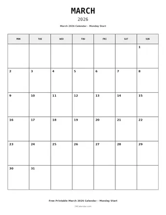 March 2026 Monday Start Calendars