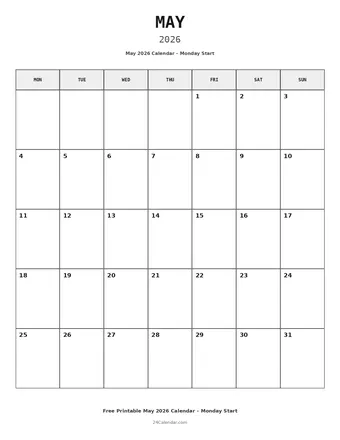 May 2026 Monday Start Calendars