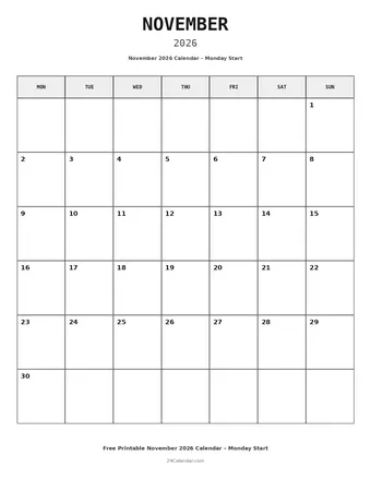 November 2026 Monday Start Calendars