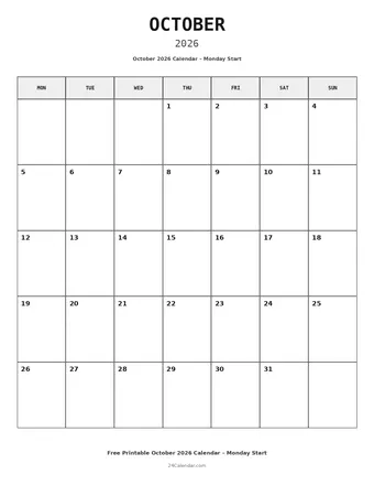 October 2026 Monday Start Calendars