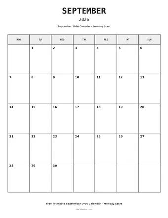 September 2026 Monday Start Calendars