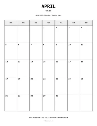 April 2027 Monday Start Calendars