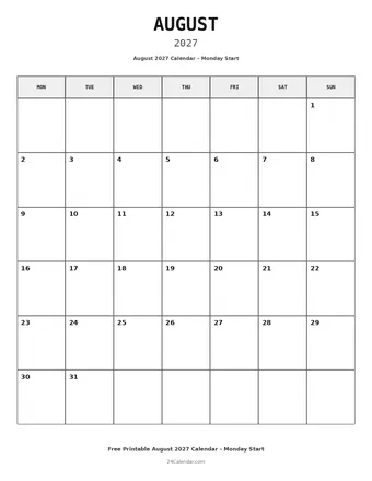 August 2027 Monday Start Calendars