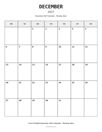 December 2027 Monday Start Calendars