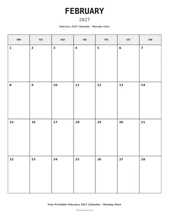 February 2027 Monday Start Calendars