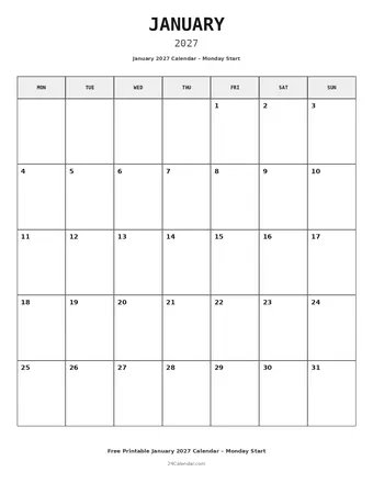 January 2027 Monday Start Calendars