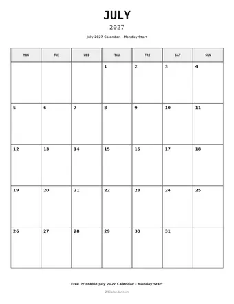 July 2027 Monday Start Calendars