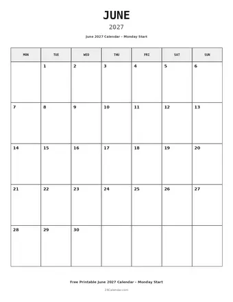 June 2027 Monday Start Calendars