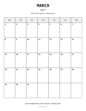 March 2027 Monday Start Calendars
