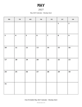 May 2027 Monday Start Calendars