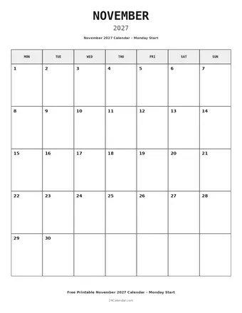 November 2027 Monday Start Calendars