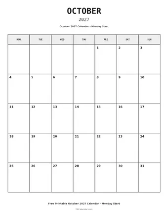 October 2027 Monday Start Calendars