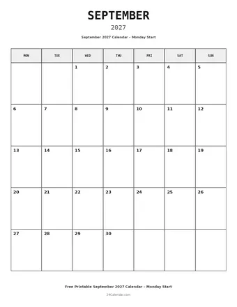 September 2027 Monday Start Calendars