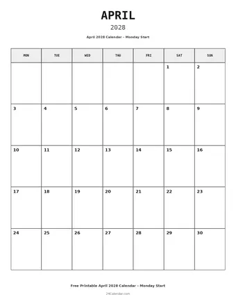 April 2028 Monday Start Calendars