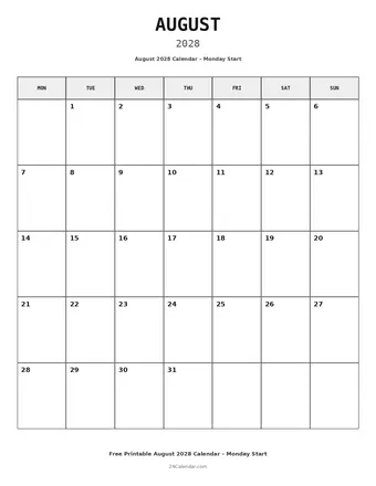August 2028 Monday Start Calendars