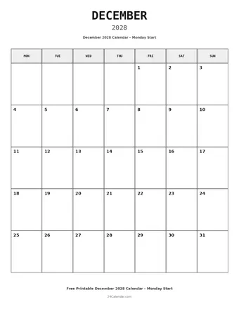 December 2028 Monday Start Calendars