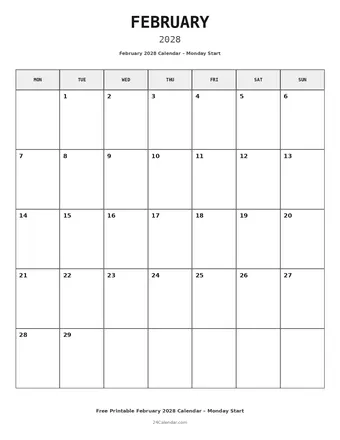 February 2028 Monday Start Calendars