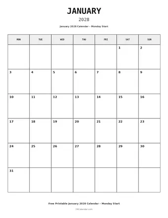 January 2028 Monday Start Calendars