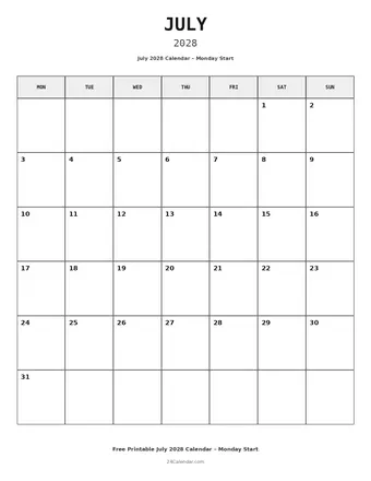 July 2028 Monday Start Calendars