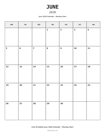 June 2028 Monday Start Calendars