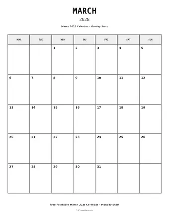 March 2028 Monday Start Calendars