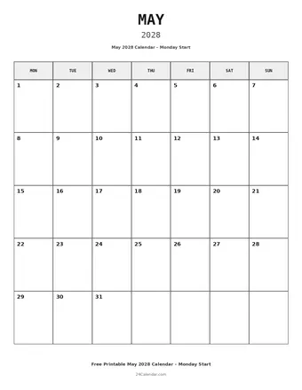 May 2028 Monday Start Calendars