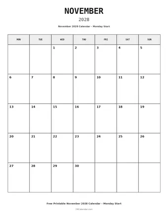 November 2028 Monday Start Calendars