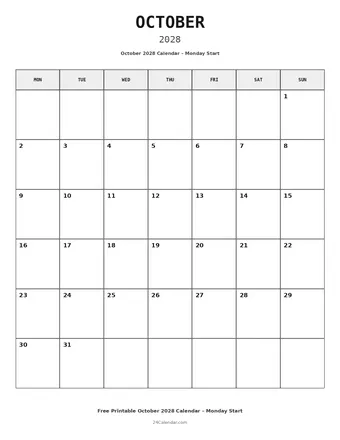 October 2028 Monday Start Calendars