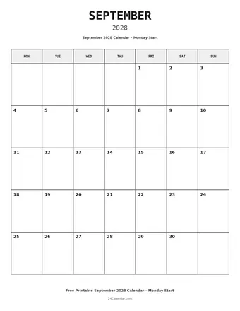 September 2028 Monday Start Calendars