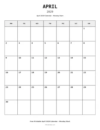 April 2029 Monday Start Calendars
