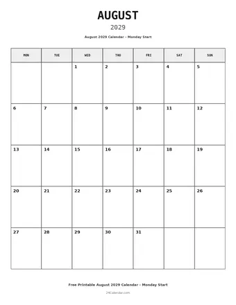 August 2029 Monday Start Calendars