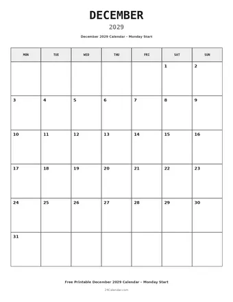 December 2029 Monday Start Calendars