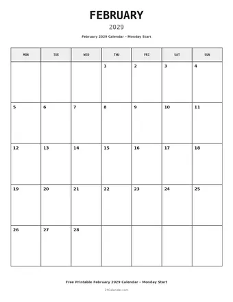 February 2029 Monday Start Calendars
