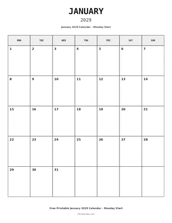 January 2029 Monday Start Calendars