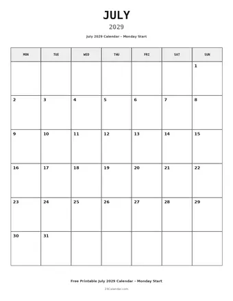 July 2029 Monday Start Calendars