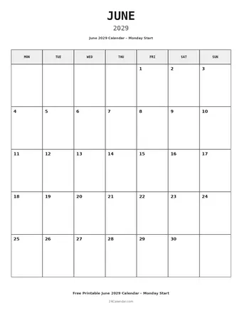 June 2029 Monday Start Calendars