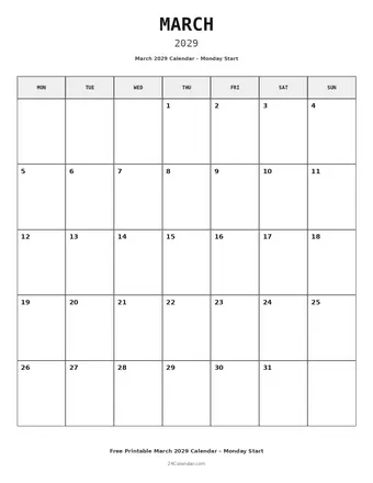 March 2029 Monday Start Calendars