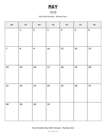 May 2029 Monday Start Calendars