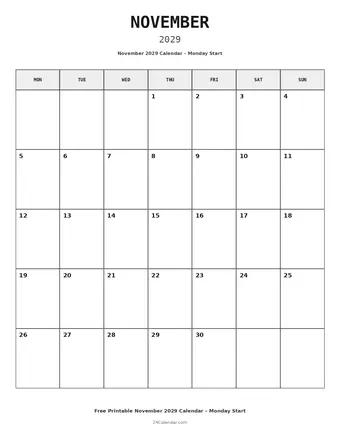 November 2029 Monday Start Calendars