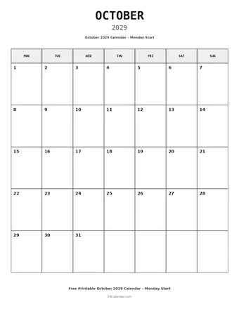 October 2029 Monday Start Calendars