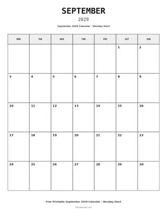 September 2029 Monday Start Calendars