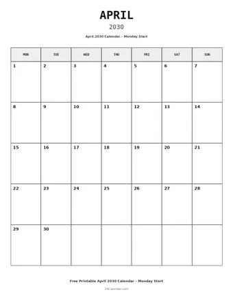 April 2030 Monday Start Calendars