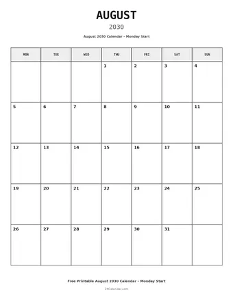 August 2030 Monday Start Calendars