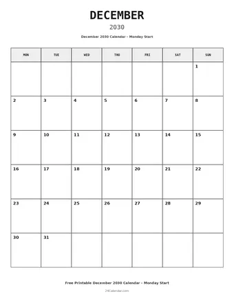 December 2030 Monday Start Calendars