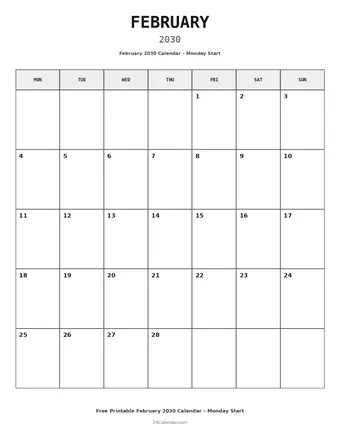 February 2030 Monday Start Calendars
