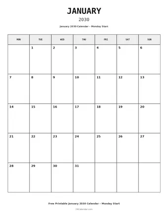 January 2030 Monday Start Calendars