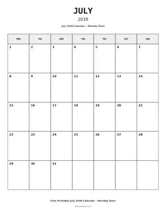 July 2030 Monday Start Calendars