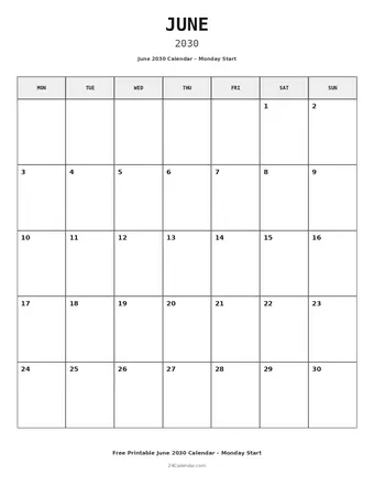 June 2030 Monday Start Calendars