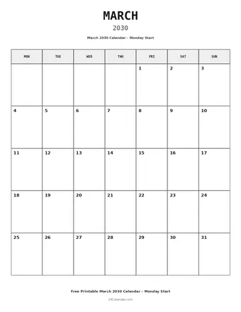 March 2030 Monday Start Calendars